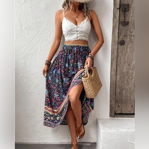 Blue Boho Floral Print Skirt - Picture 4 of 6